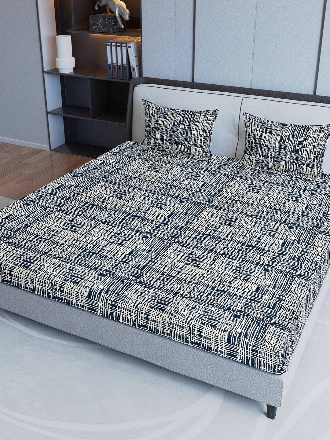 

Aura Blue& White Abstract Cotton 200 TC Queen Bedsheet with 2 Pillow Covers