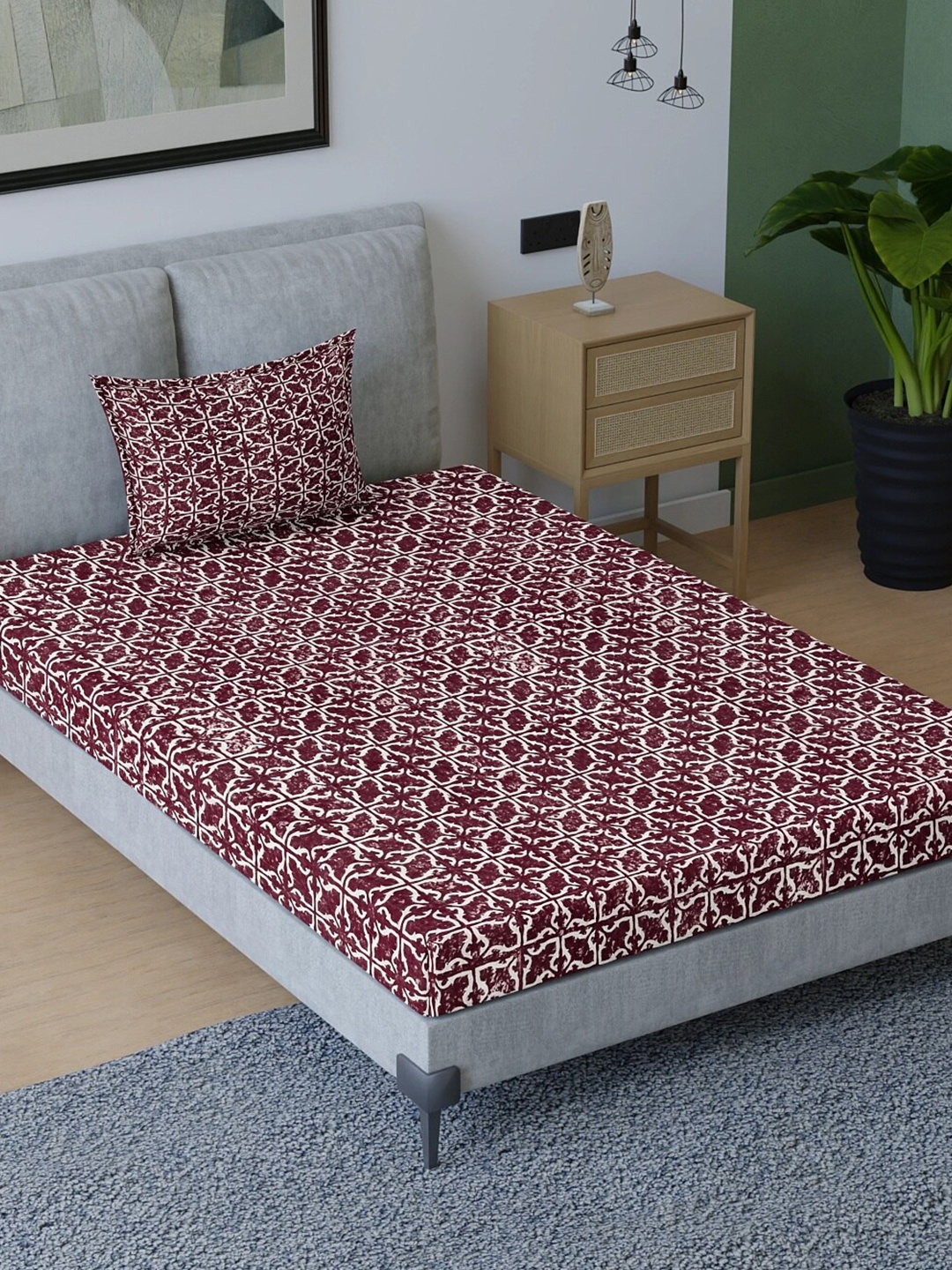 

Aura Maroon& White Ethnic Motifs Cotton 200 TC Queen Bedsheet with 2 Pillow Covers