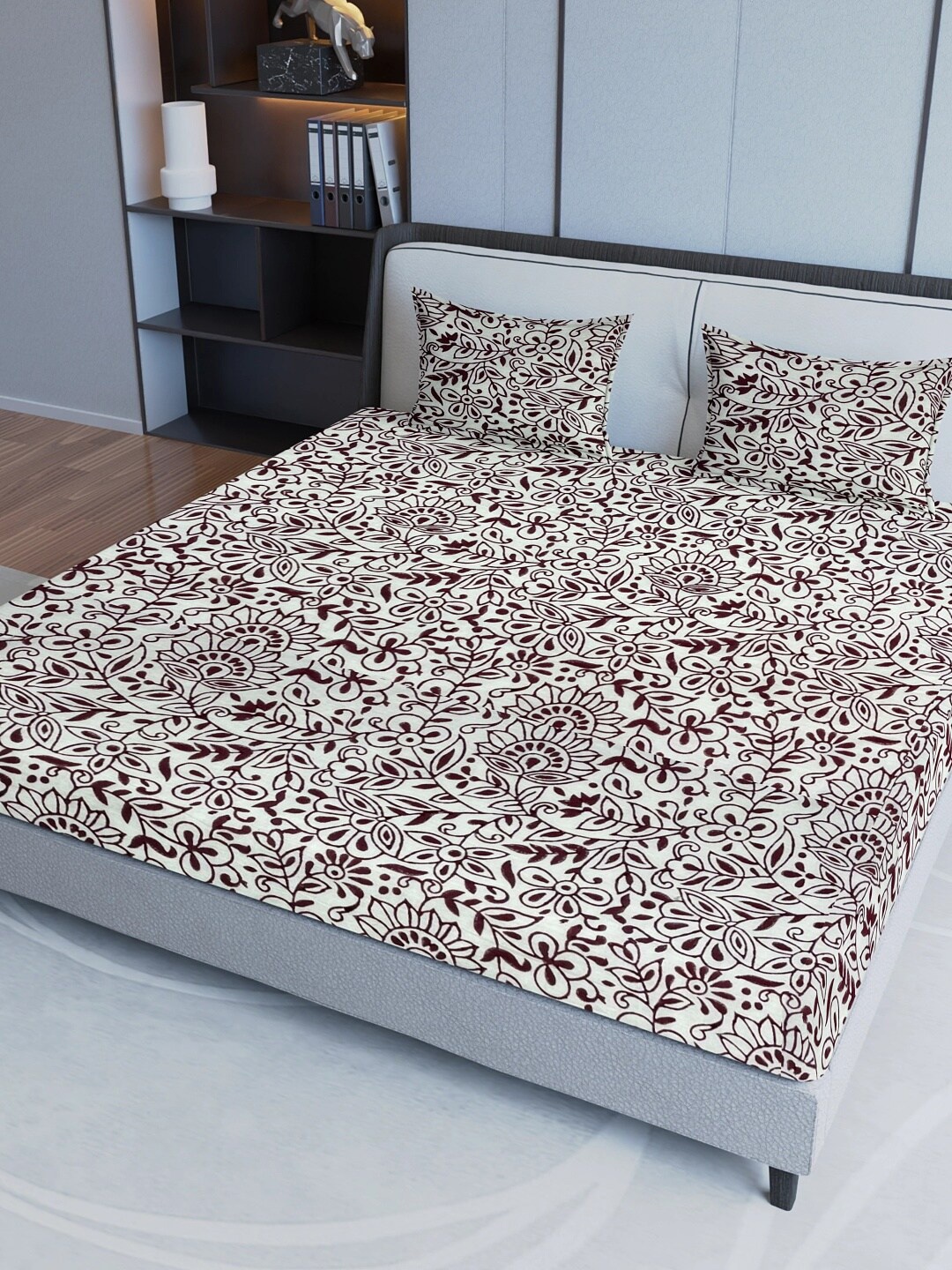 

Aura Maroon& Cream Floral Cotton 200 TC Queen Bedsheet with 2 Pillow Covers