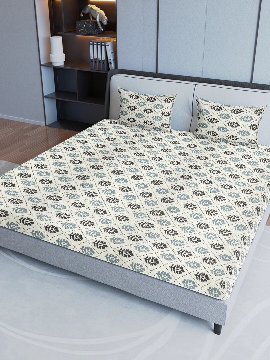 

Aura Blue &Grey Ethnic Motifs Cotton 200 TC Queen Bedsheet with 2 Pillow Covers