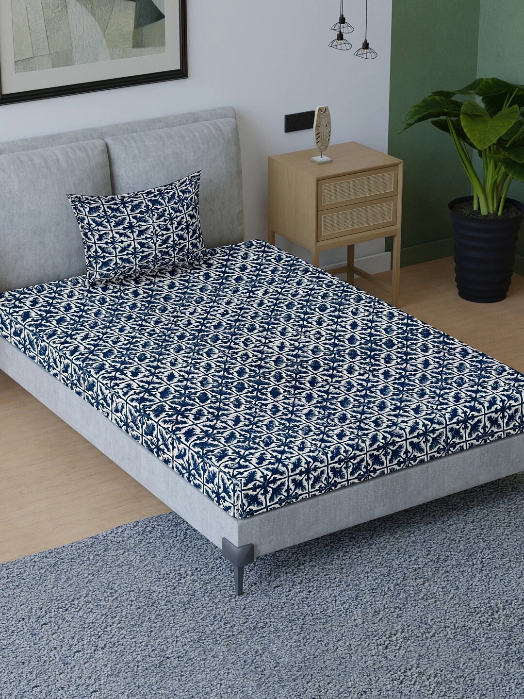 

Aura Blue &White Ethnic Motifs Cotton 200 TC Single Bedsheet with 1 Pillow Covers