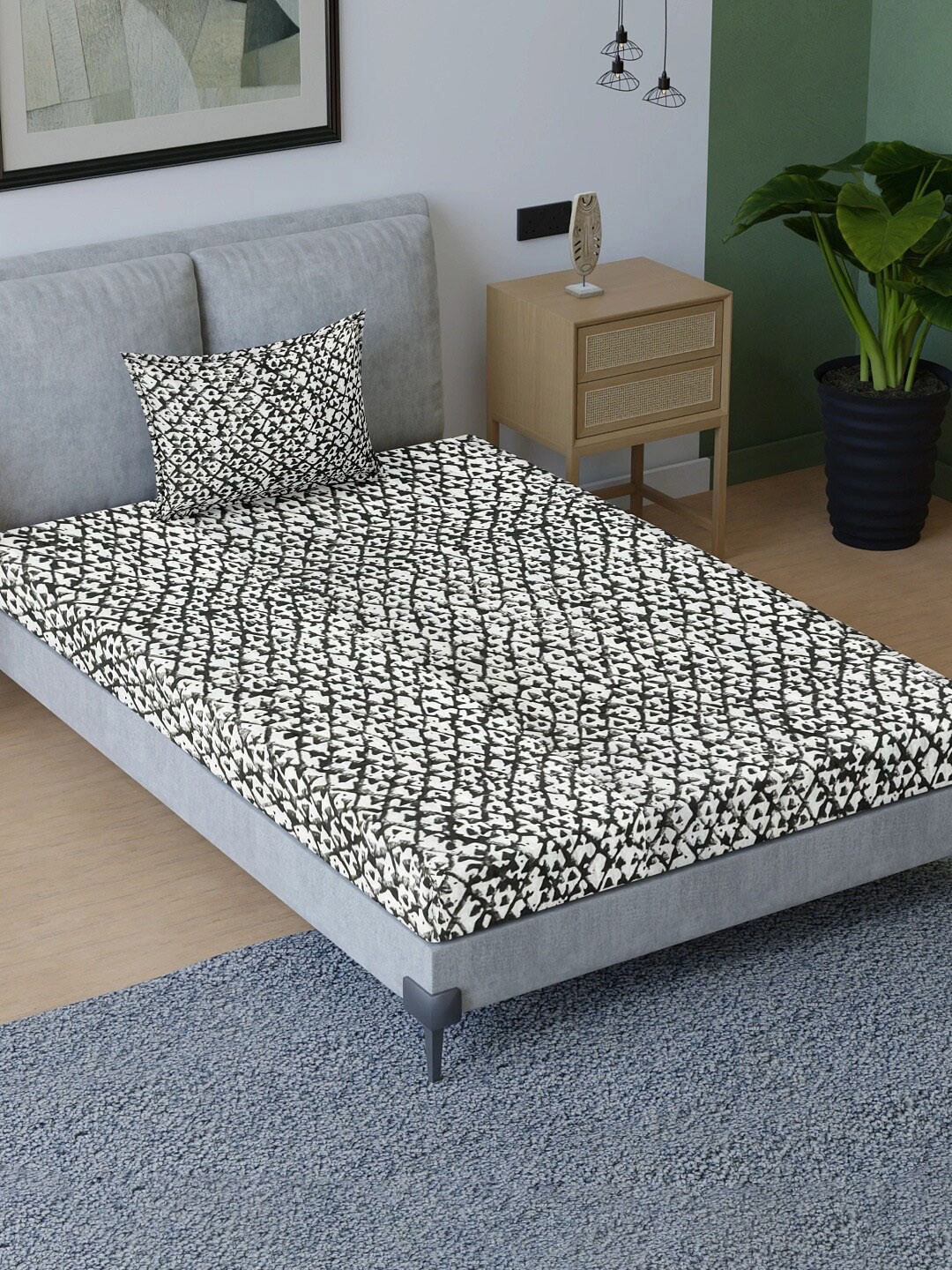 

Aura Grey& White Ethnic Motifs Cotton 200 TC Single Bedsheet with 1 Pillow Covers