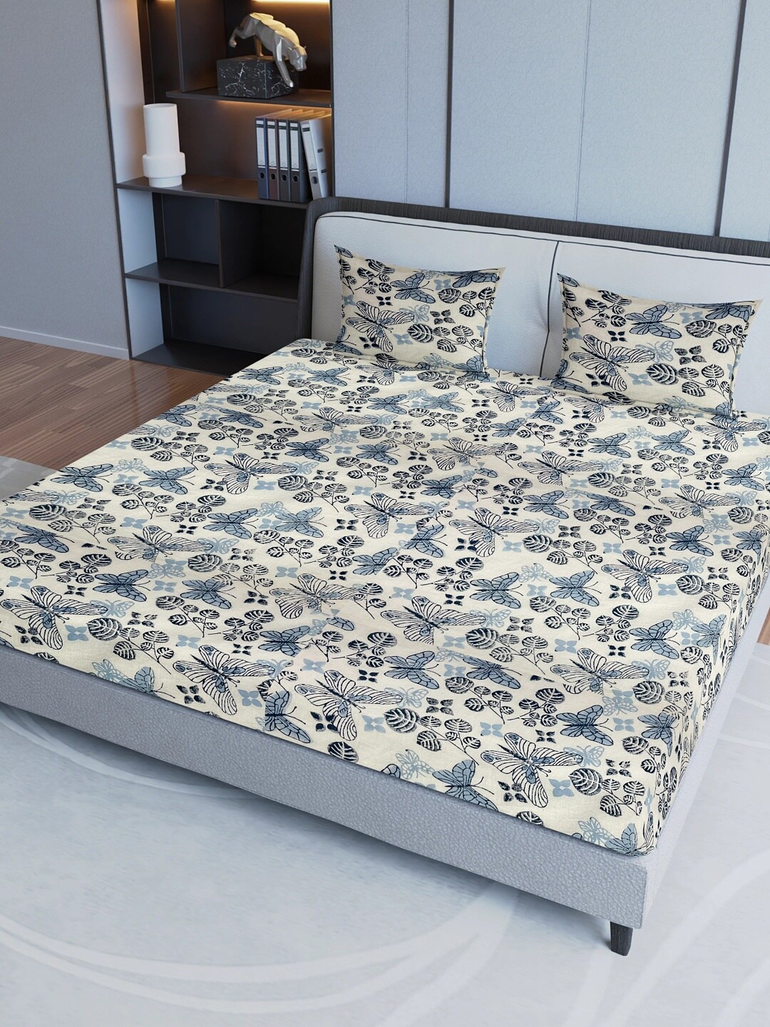 

Aura Blue& Beige Floral Cotton 200 TC Queen Bedsheet with 2 Pillow Covers