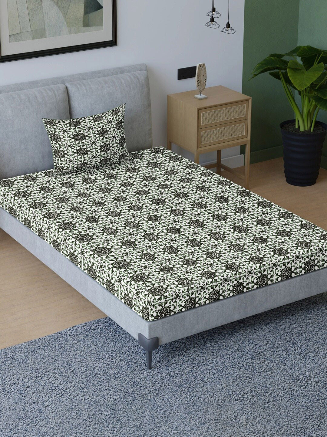 

Aura Grey & White Ethnic Motifs Cotton 200 TC Single Bedsheet with 1 Pillow Covers