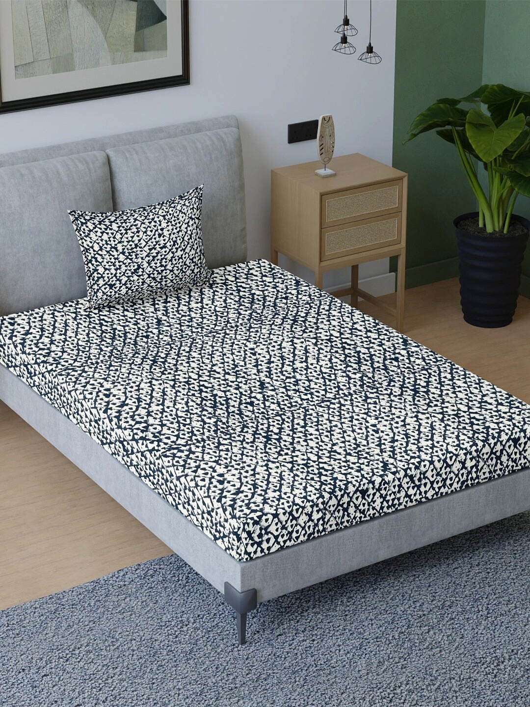 

Aura Blue Abstract Cotton 200 TC Single Bedsheet with 1 Pillow Covers, Navy blue
