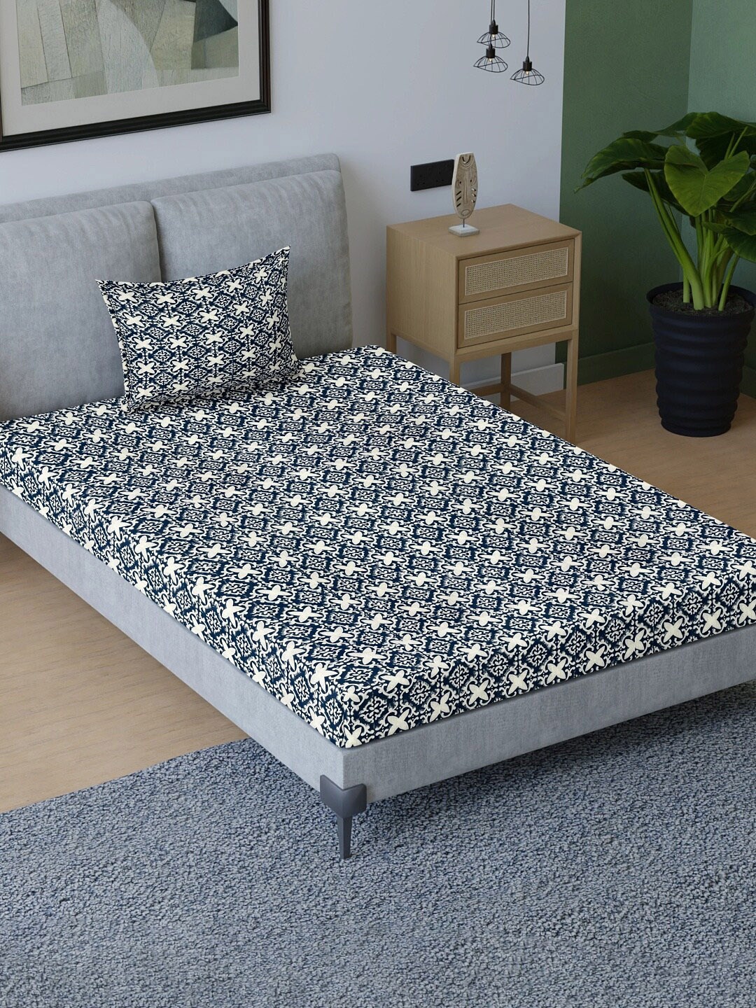 

Aura Blue & White Ethnic Motifs Cotton 200 TC Single Bedsheet with 1 Pillow Covers