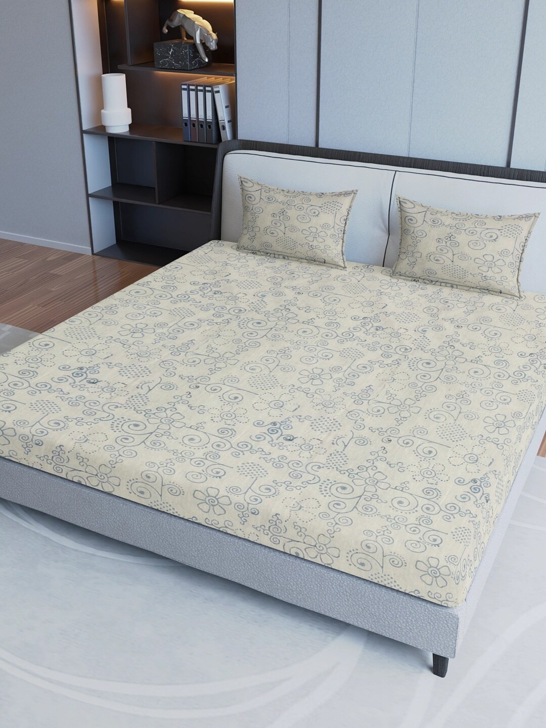 

Aura Beige & Blue Floral Cotton 200 TC Queen Bedsheet with 2 Pillow Covers