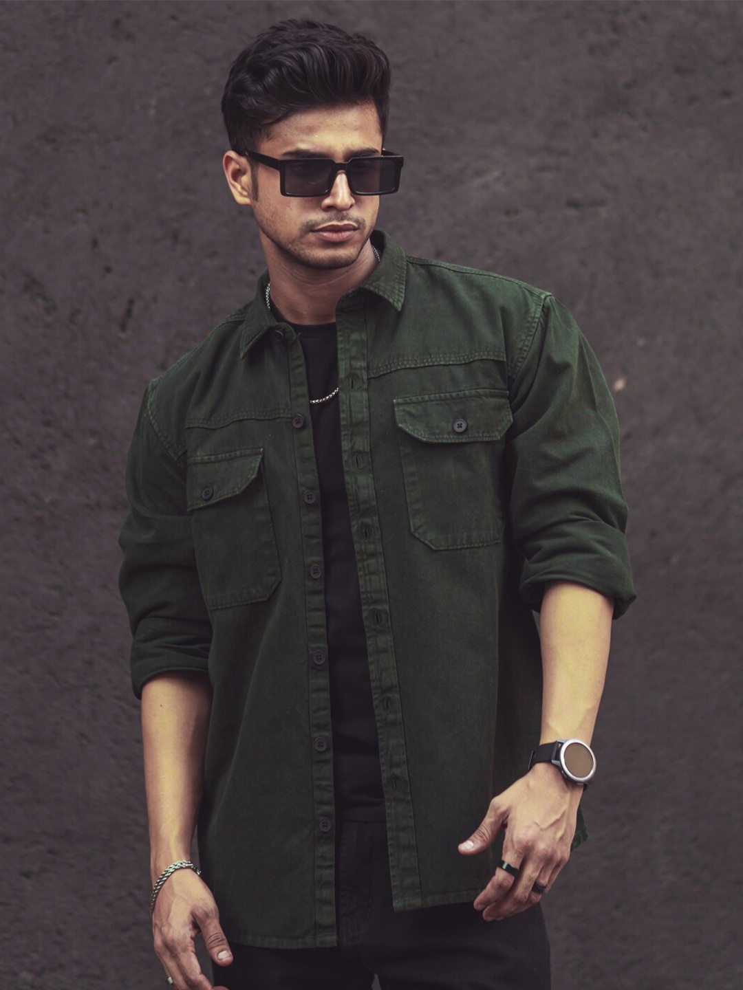 

Powerlook India Slim Spread Collar Denim Shirt, Green
