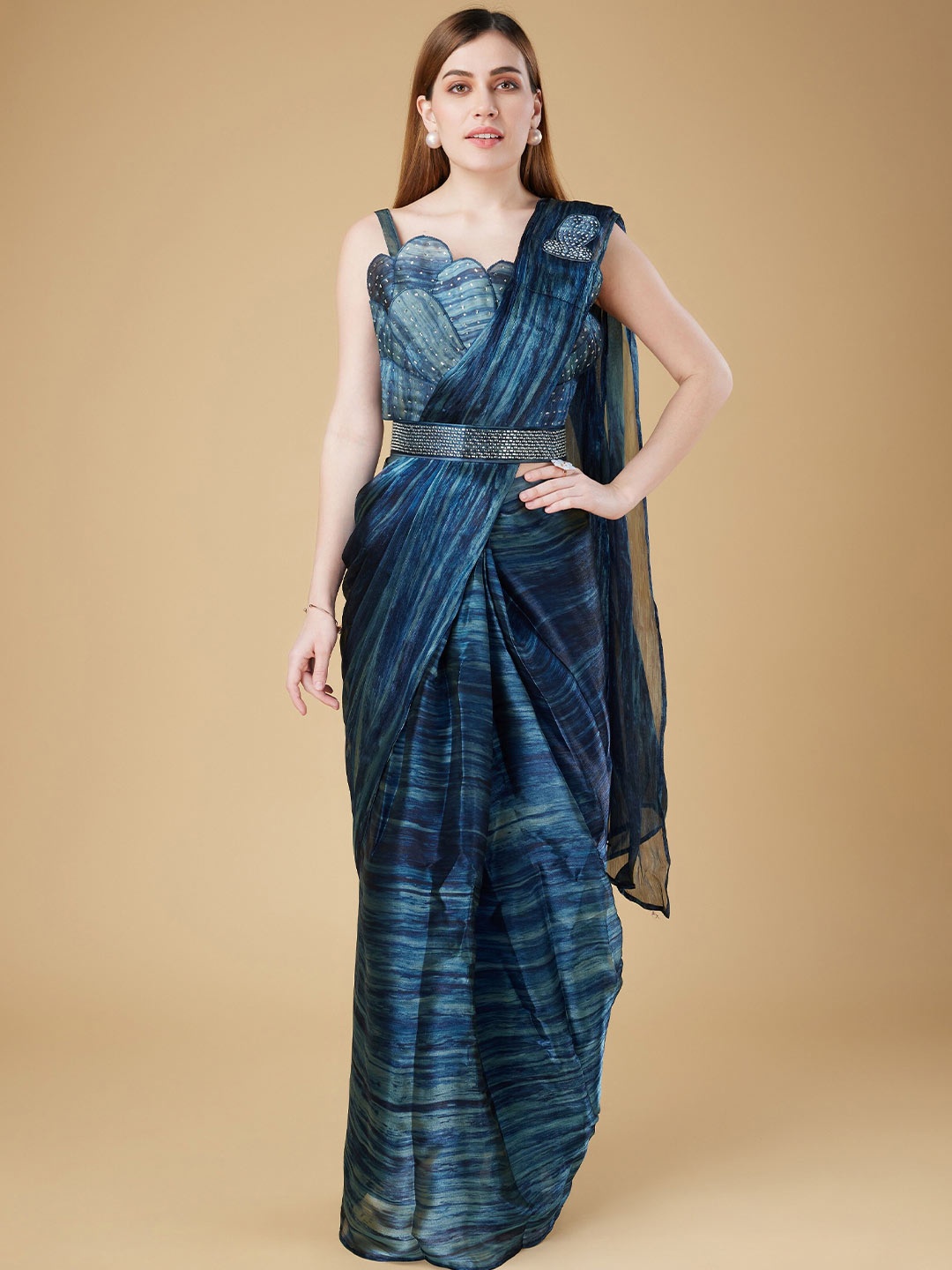 

Phenav Striped Beads And Stones Organza Ready to Wear Saree, Blue