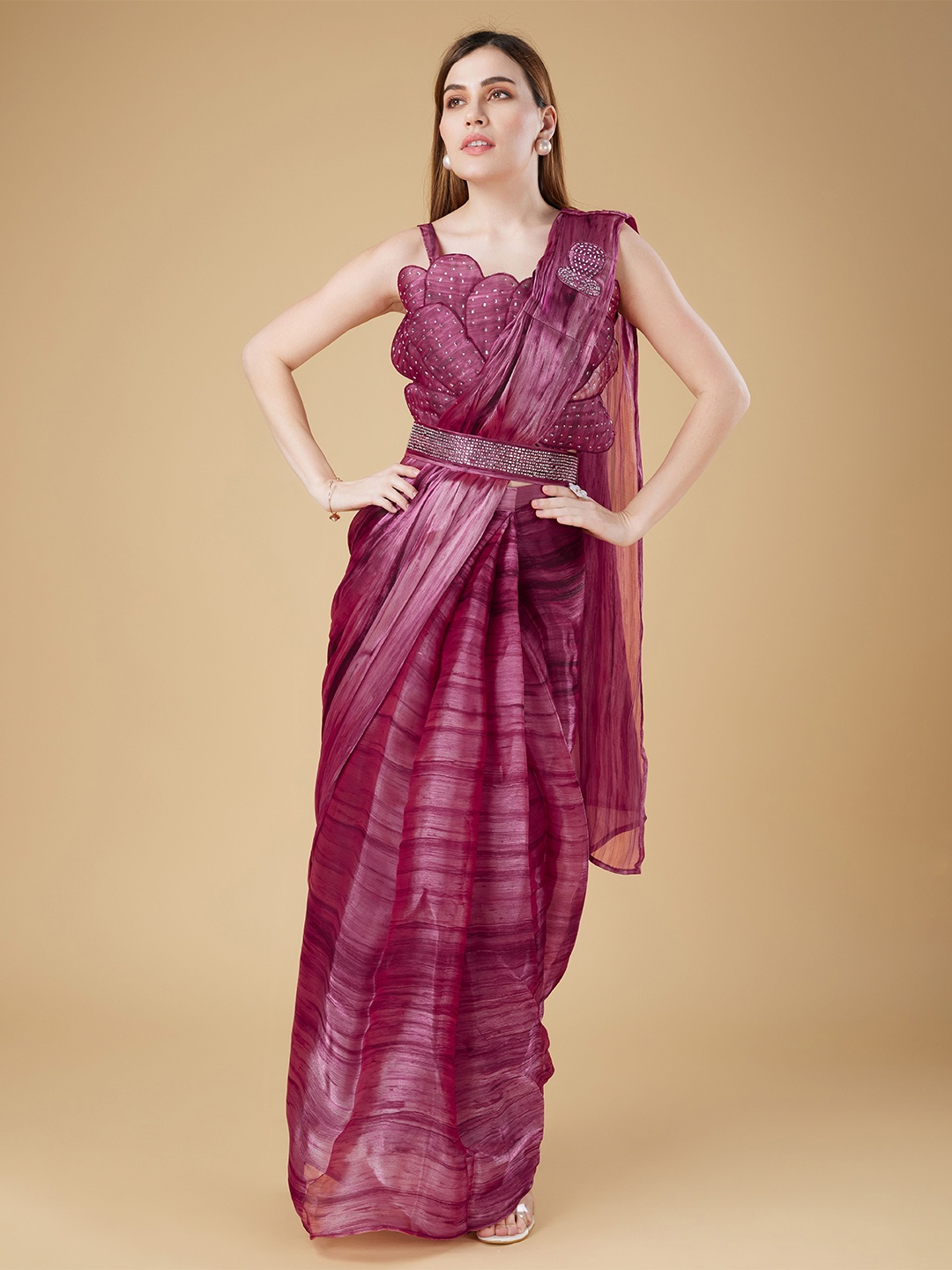 

Phenav Striped Beads And Stones Organza Ready to Wear Saree, Purple