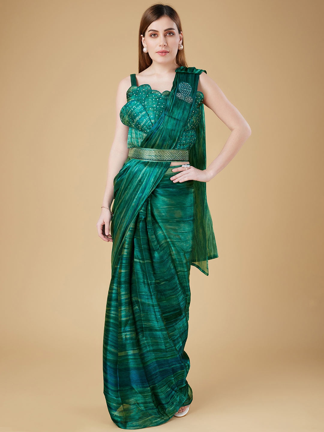 

Phenav Striped Beads And Stones Organza Ready to Wear Saree, Green