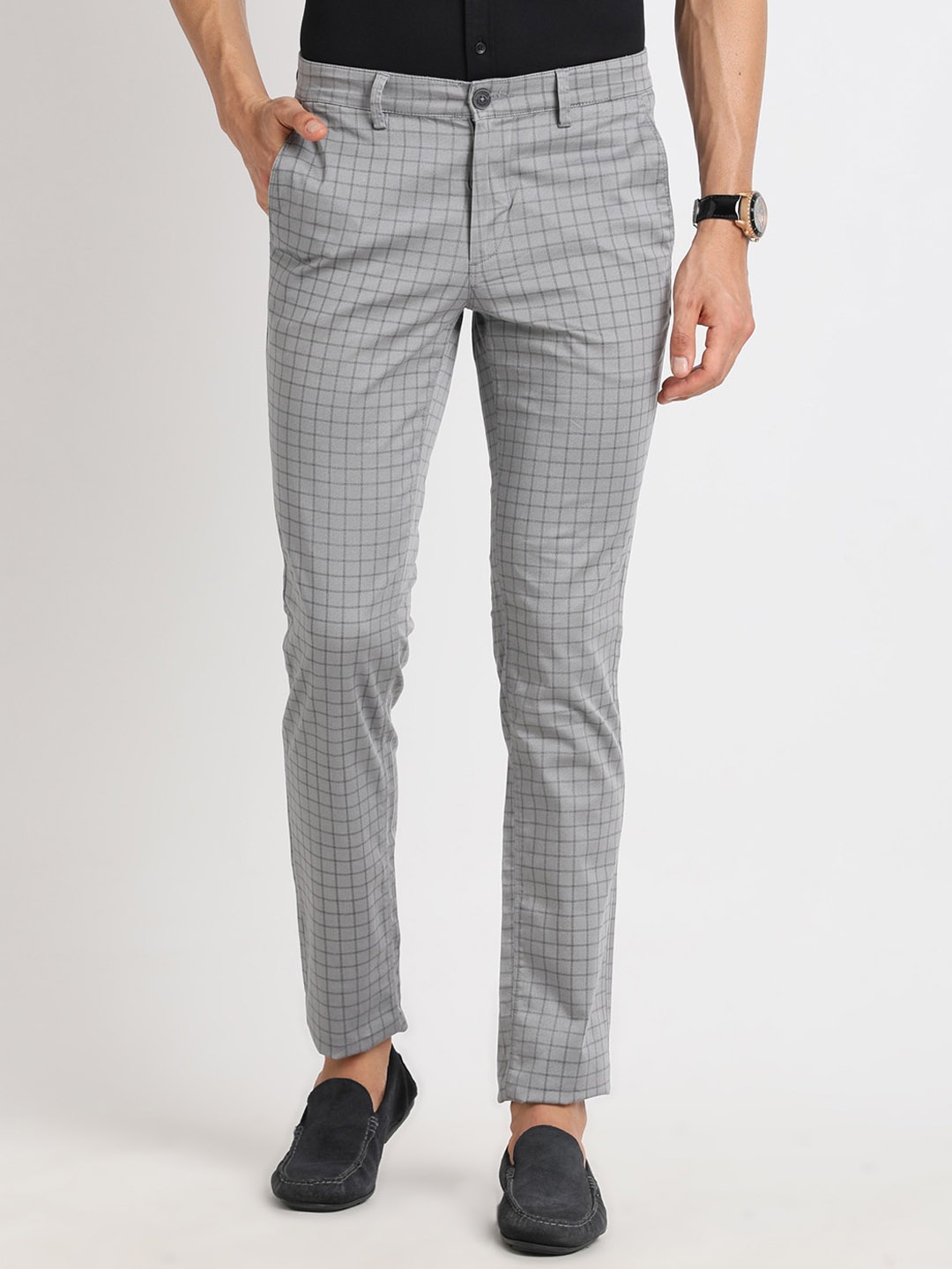 

Turtle Men Checked Smart Tapered Fit Cotton Regular Trouser, Grey
