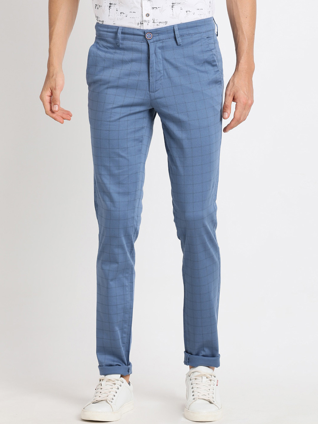 

Turtle Men Smart Tapered Fit Checked Chinos Trousers, Blue
