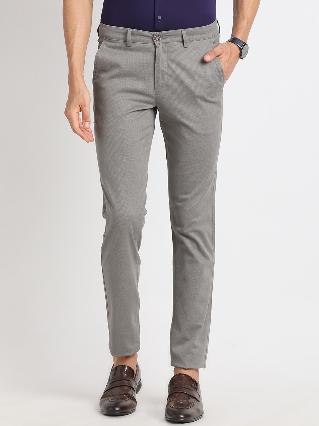 

Turtle Men Mid-Rise Smart Tapered Fit Chinos Trousers, Grey