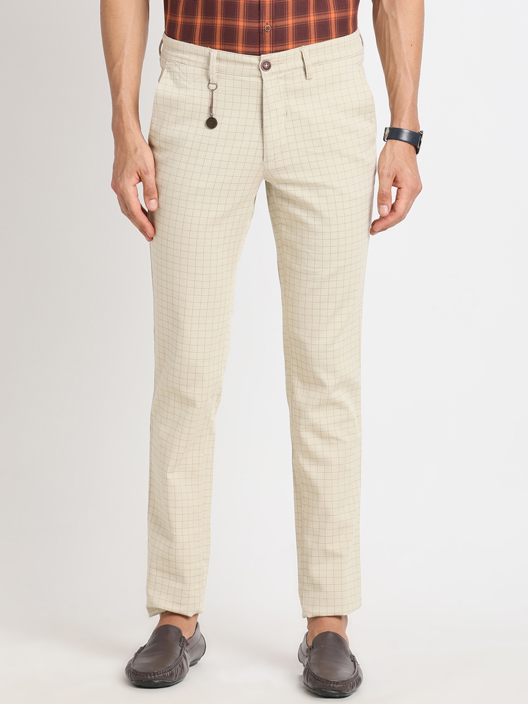 

Turtle Men Smart Checked Tapered Fit Chinos, Beige