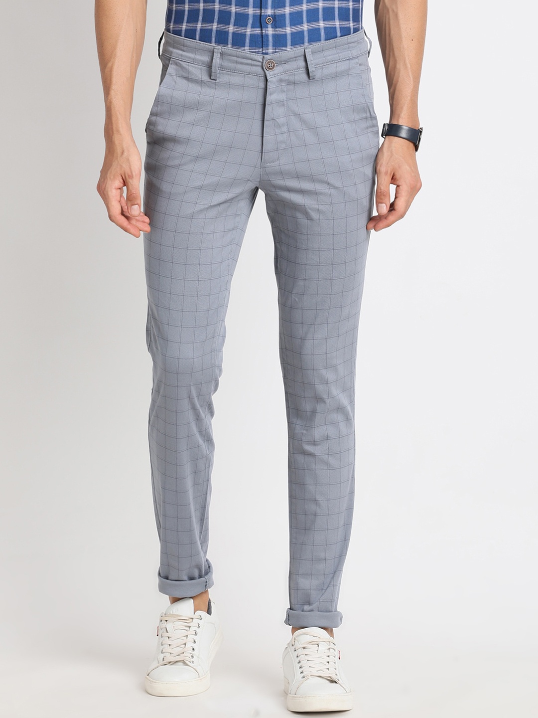 

Turtle Men Smart Checked Tapered Fit Chinos, Grey