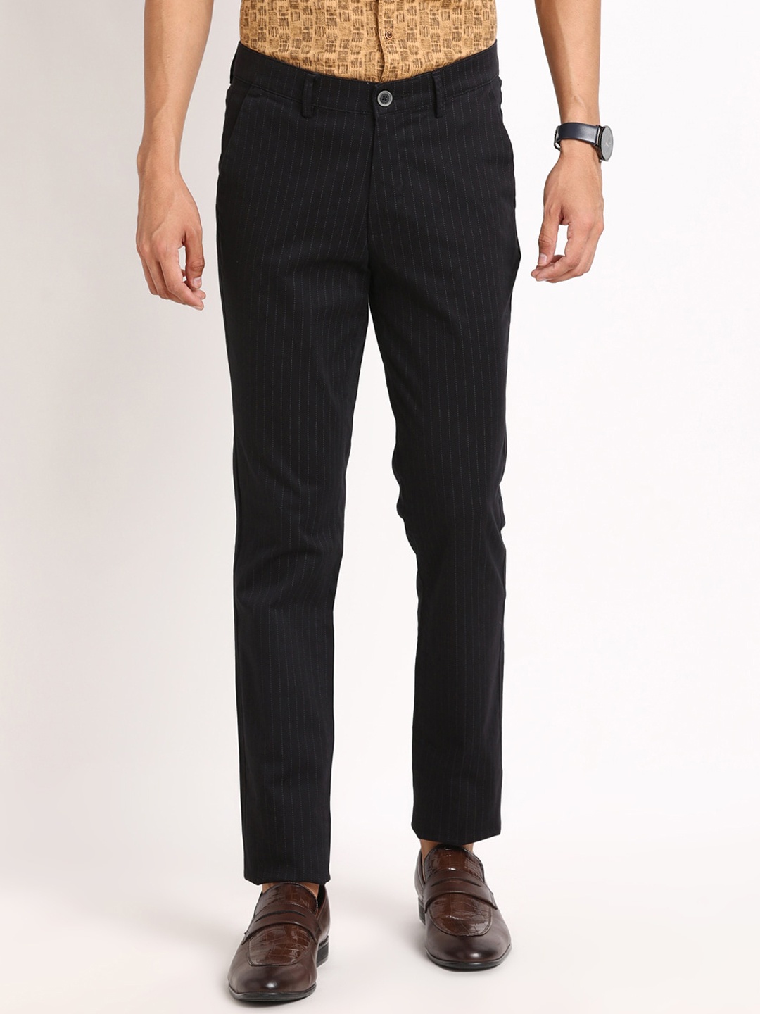 

Turtle Men Striped Smart Tapered Fit Cotton Regular Trouser, Black