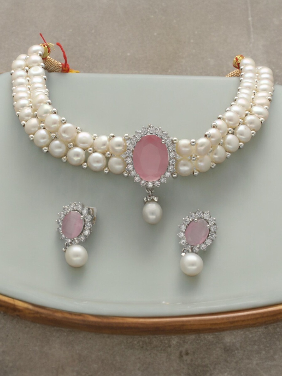 

Sri Jagdamba Pearls Dealer Gold-Plated Stone Studded & Beaded Jewellery Set, White