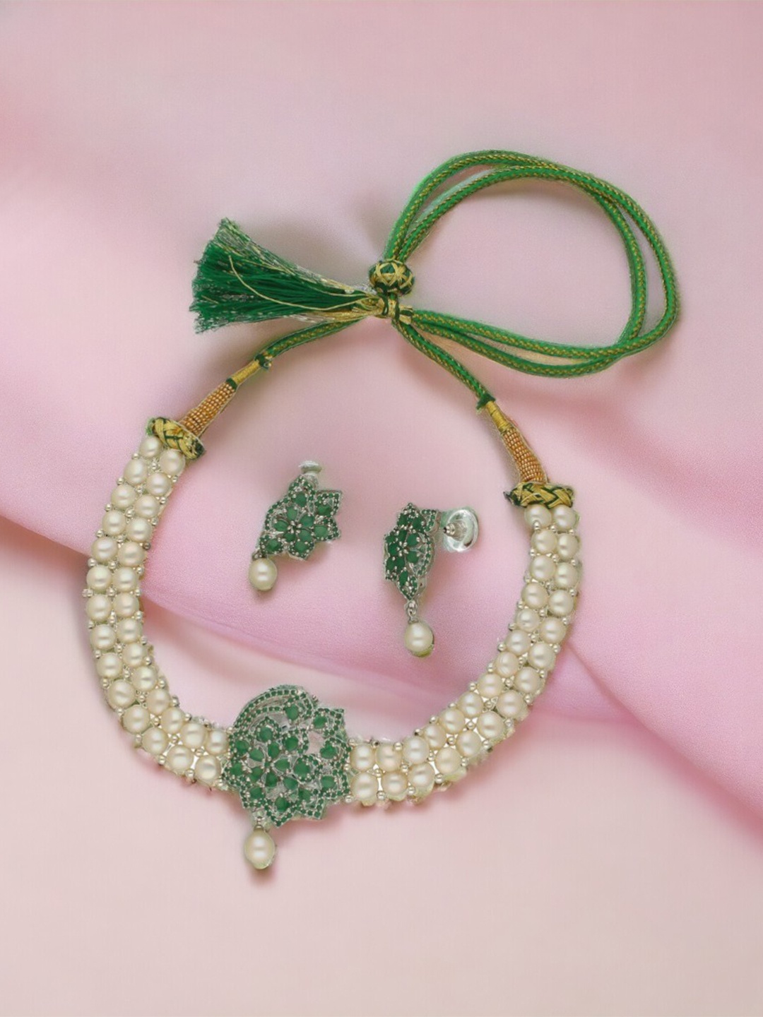 

Sri Jagdamba Pearls Dealer Gold-Plated Stone-Studded & Beaded Necklace and Earrings