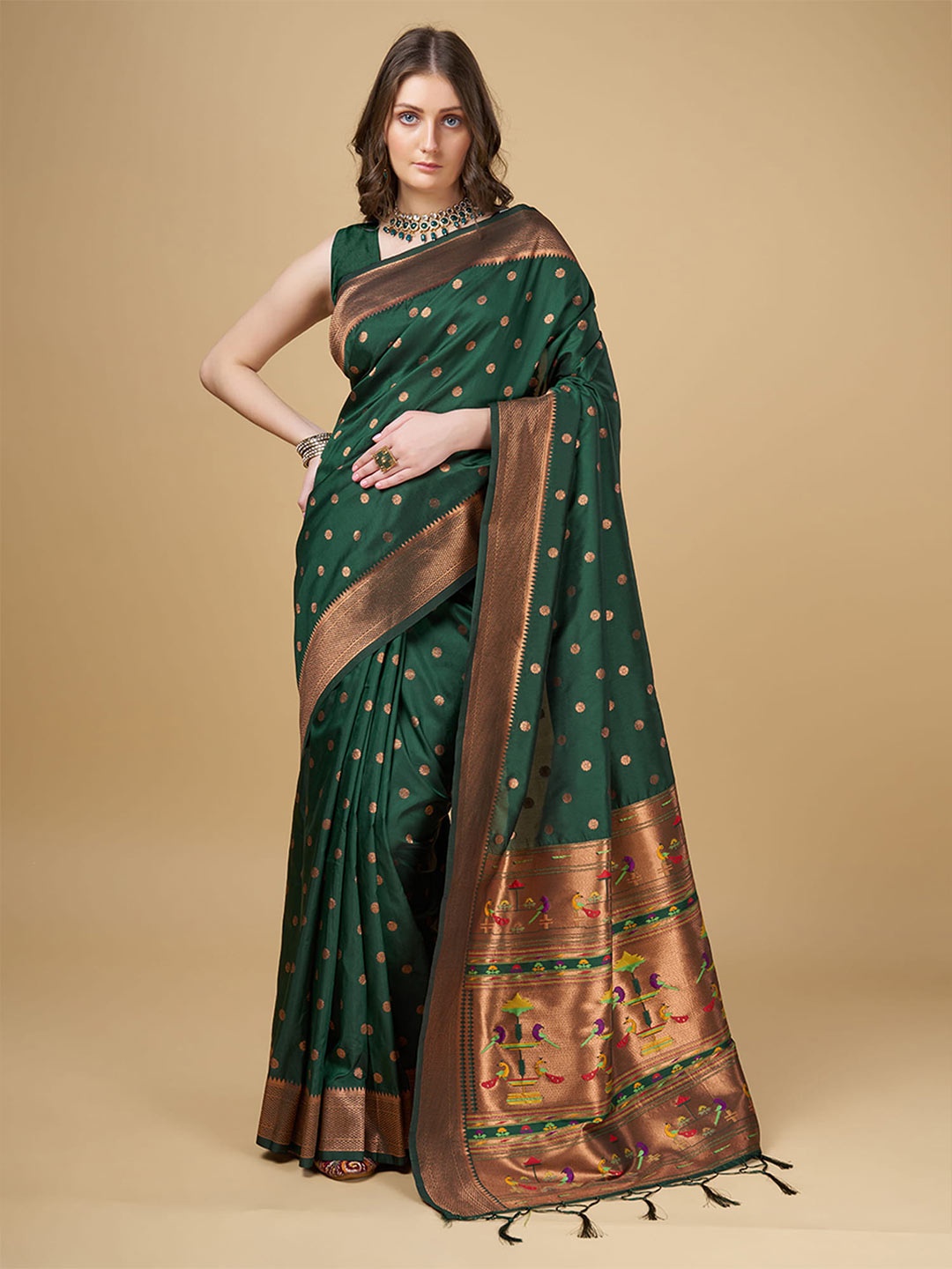 

RAJ DHARMA SILK Woven Design Litchi Silk Paithani Saree, Green