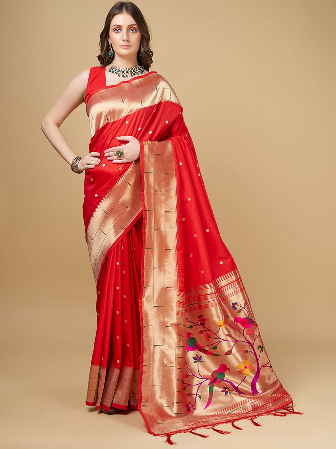 

RAJ DHARMA SILK Woven Design Litchi Silk Paithani Saree, Red