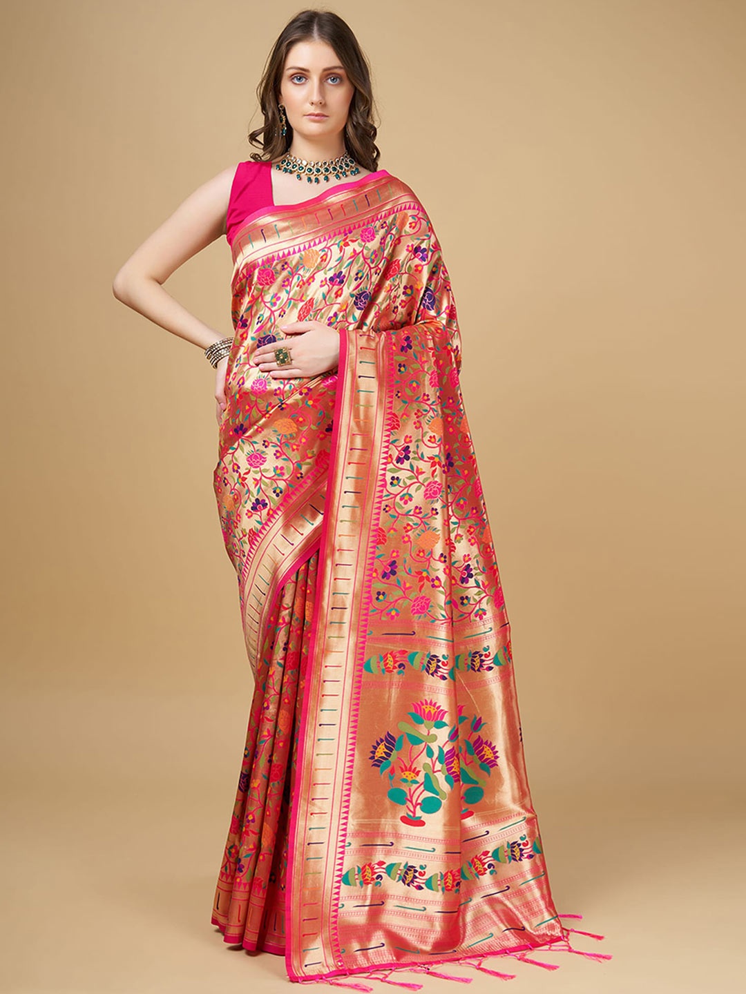 

RAJ DHARMA SILK Woven Design Litchi Silk Paithani Saree, Pink