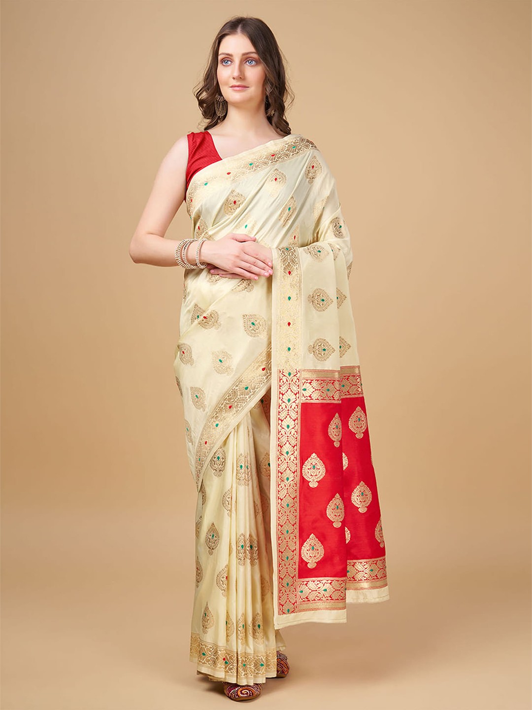 

RAJ DHARMA SILK Woven Design Litchi Silk Jamdani Saree, Cream