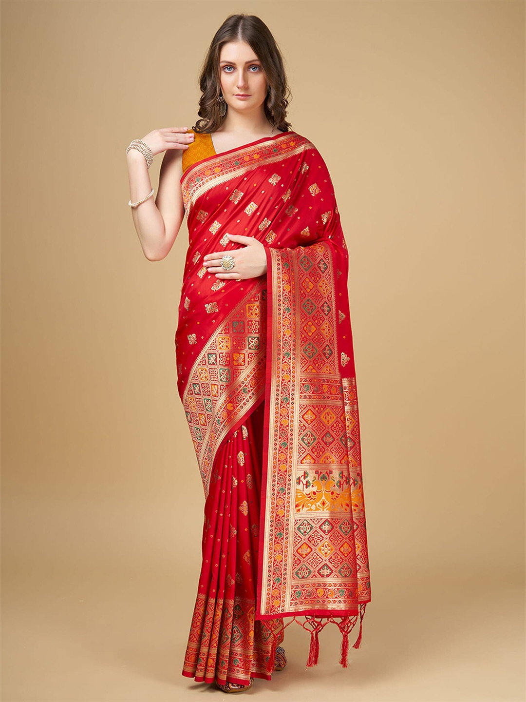 

RAJ DHARMA SILK Woven Design Litchi Silk Patola Saree, Red