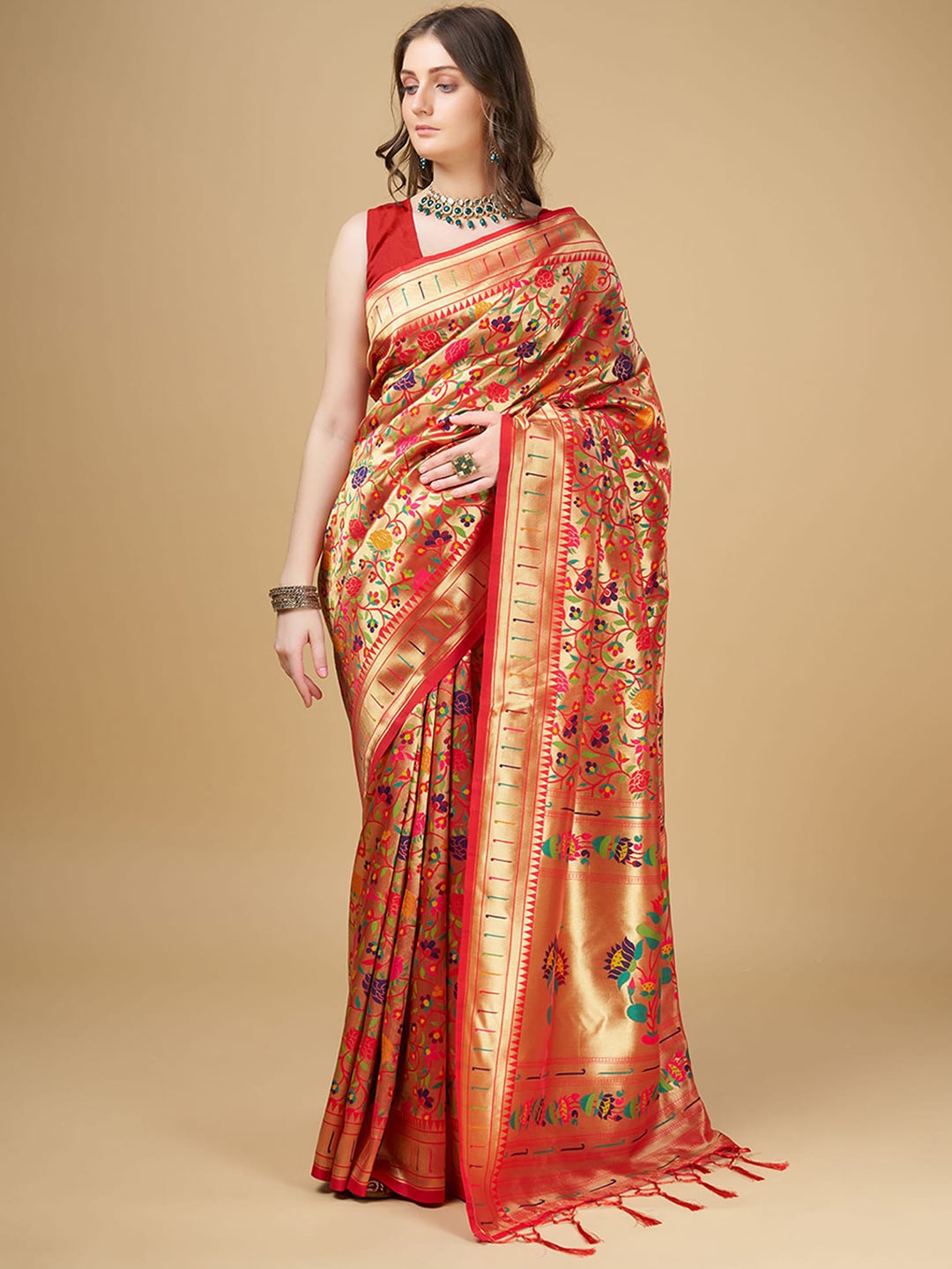 

RAJ DHARMA SILK Floral Woven Designed Zari Tussar Saree, Red