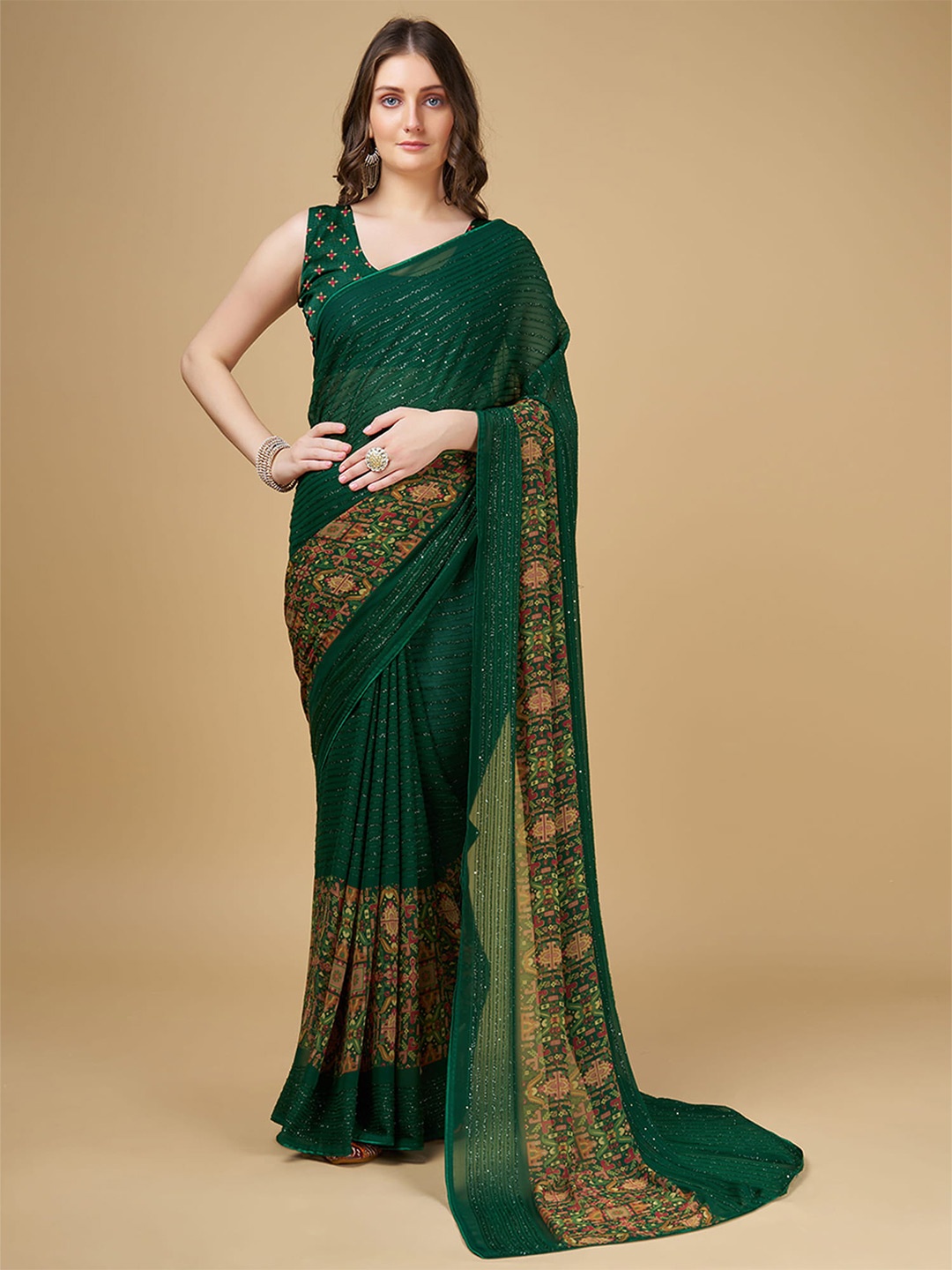 

RAJ DHARMA SILK Embellished Sequined Chanderi Saree, Green
