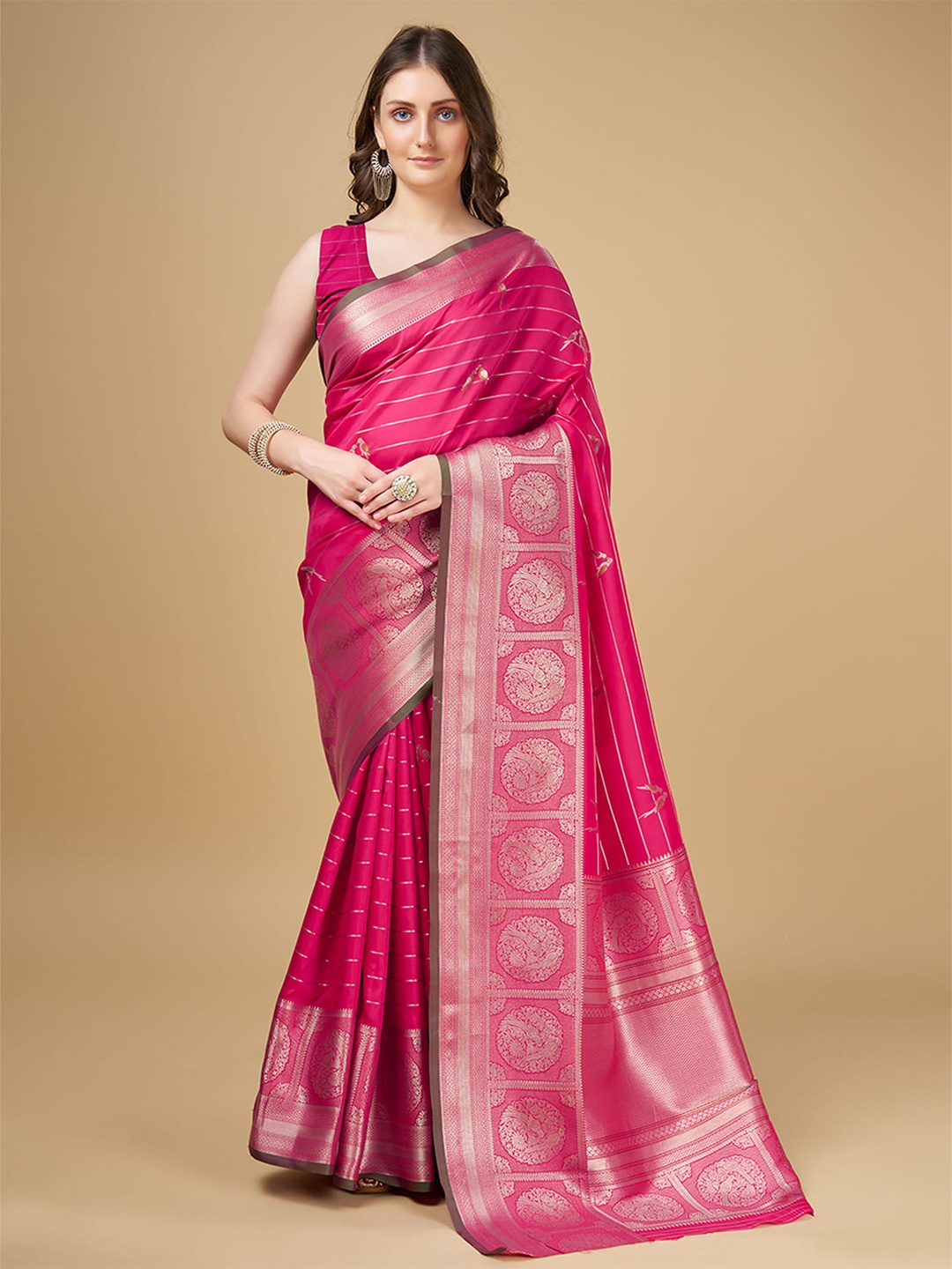 

RAJ DHARMA SILK Ethnic Motifs Woven Designed Banarasi Saree, Pink