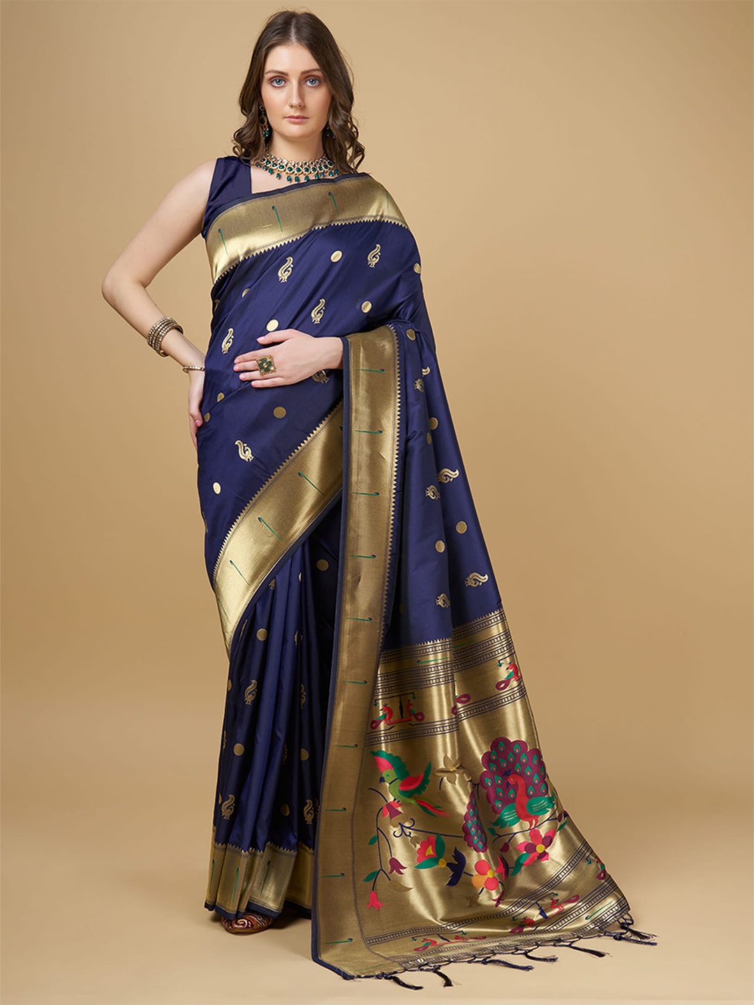 

RAJ DHARMA SILK Ethnic Motifs Woven Designed Zari Kanjeevaram Saree, Navy blue