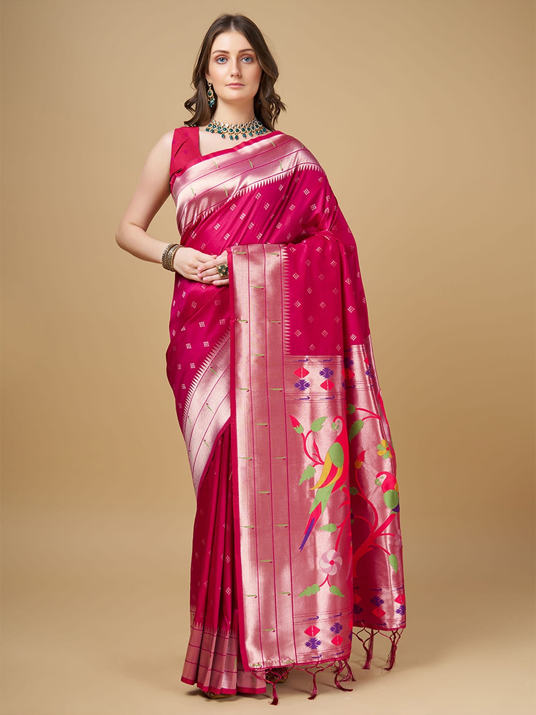 

RAJ DHARMA SILK Ethnic Motifs Woven Designed Zari Mysore Silk Saree, Pink