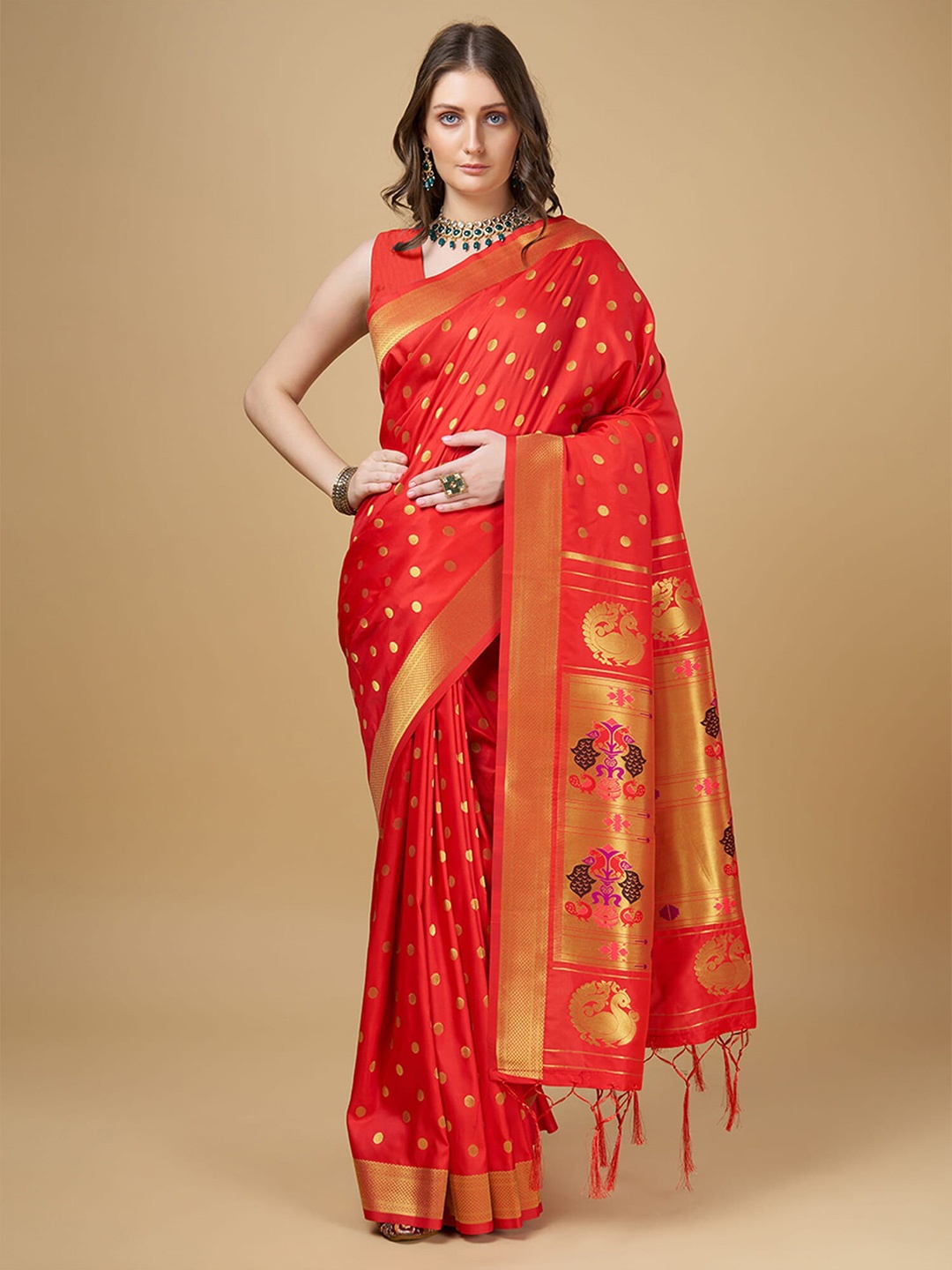 

RAJ DHARMA SILK Ethnic Motifs Woven Designed Zari Kanjeevaram Saree, Red