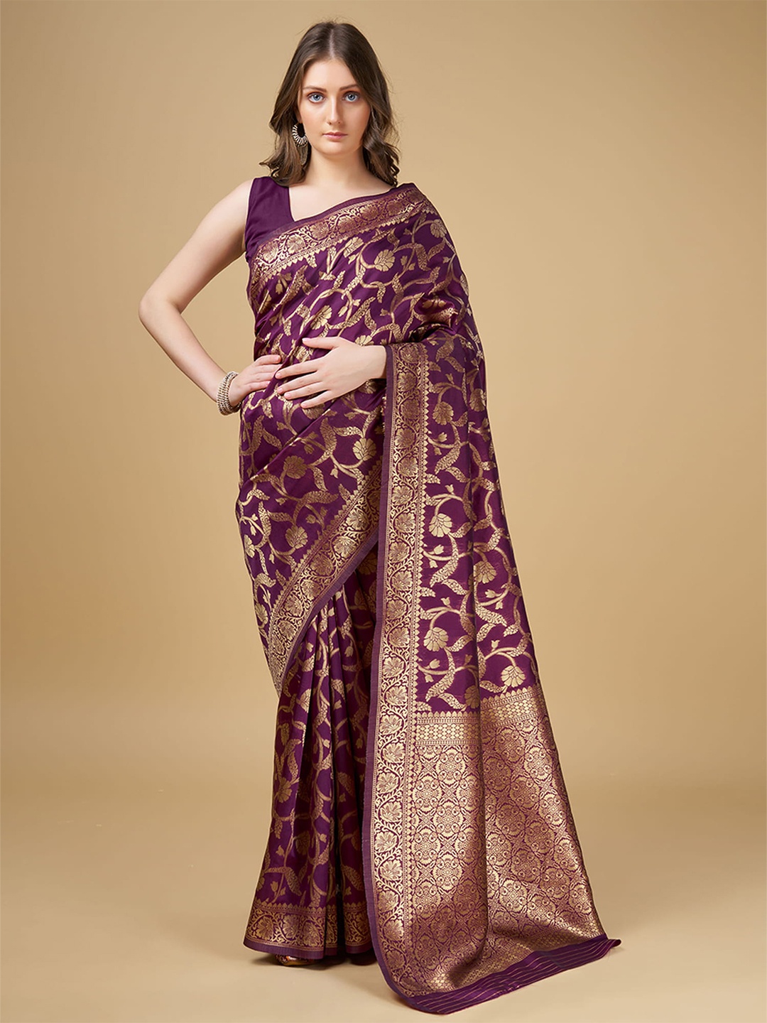 

RAJ DHARMA SILK Floral Woven Designed Zari Mysore Silk Saree, Purple
