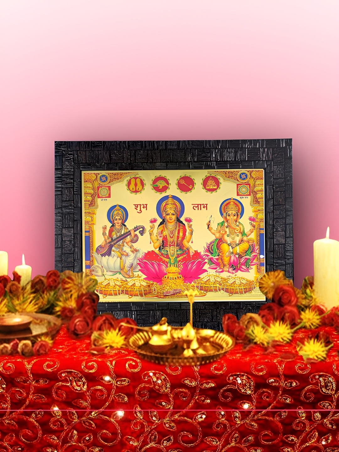 

Hawai Black & Pink Lakshmi Ganesh Saraswati Gold Plated Wooden Photo Frames