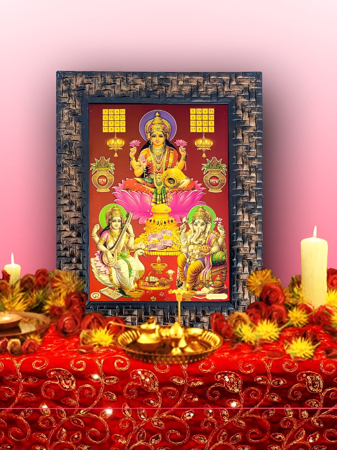 

Hawai Black & Yellow Gold Plated Ganesh Laxmi Saraswati Wooden Wall Photo Frame