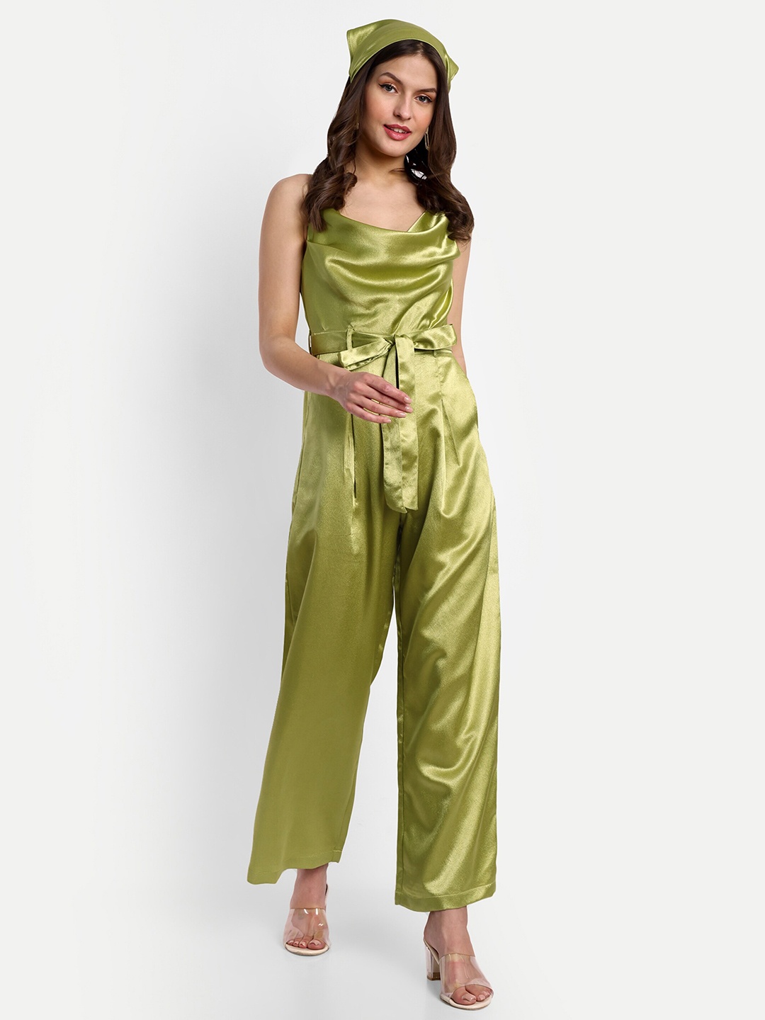 

ESSQUE Cowl Neck Satin Basic Jumpsuit With Matching Hairband, Olive