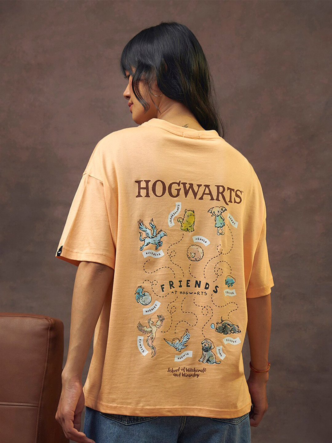 

Bewakoof Orange Harry Potter Printed Round Neck Short Sleeves Cotton Oversized T-shirt