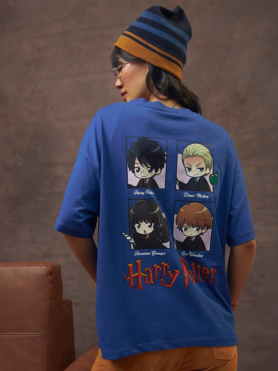 

Bewakoof Blue Harry Potter Printed Round Neck Short Sleeves Cotton Oversized T-shirt