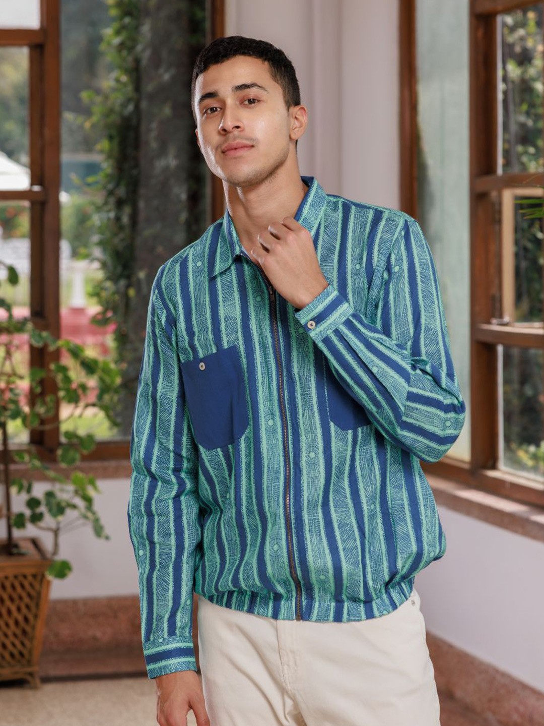 

Wellbi Comfort Vertical Striped Pure Cotton Shacket, Blue