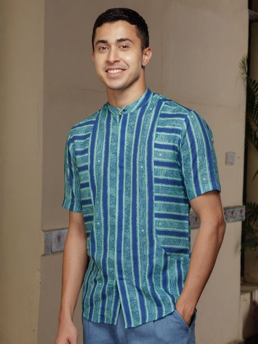 

Wellbi Comfort Vertical Striped Mandarin Collar Pure Cotton Casual Shirt, Blue