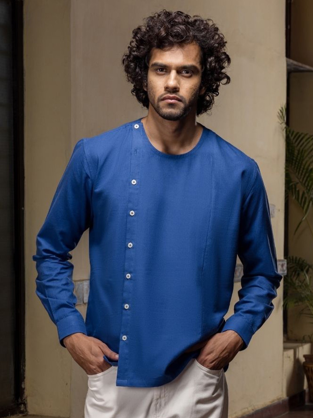 

Wellbi Comfort Collarless Pure Cotton Casual Shirt, Blue