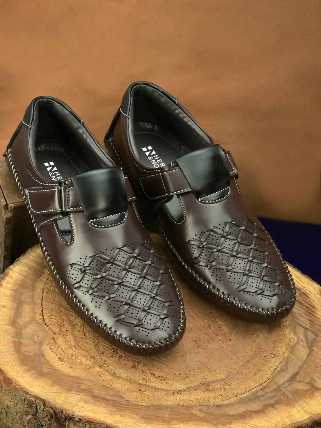 

HERE&NOW Men Brown Perforated Shoe-Style Sandals