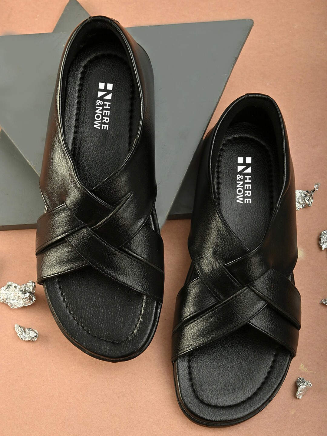 

HERE&NOW Men Black Textured Comfort Sandals