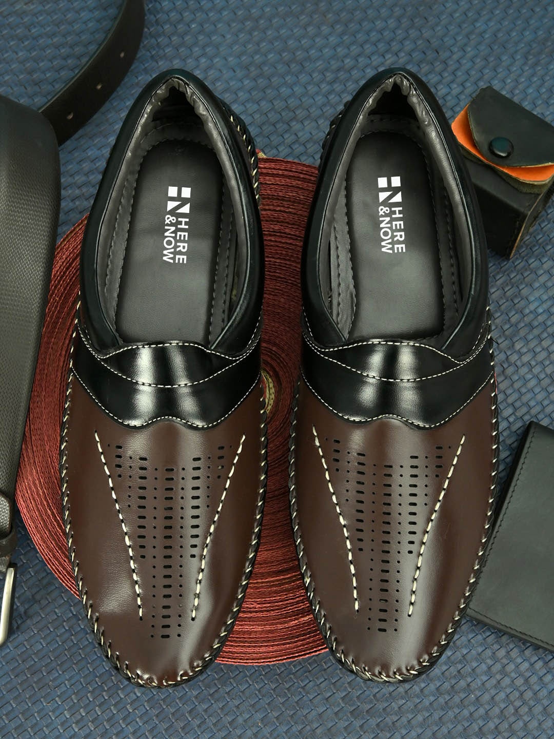 

HERE&NOW Men Brown & Black Perforations Lightweight Antibacterial Loafers