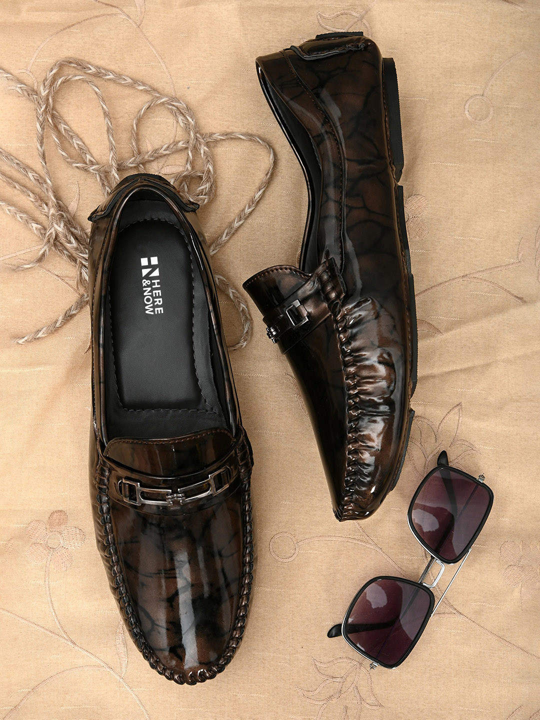 

HERE&NOW Men Brown Lightweight Printed Antibacterial Horsebit Loafers
