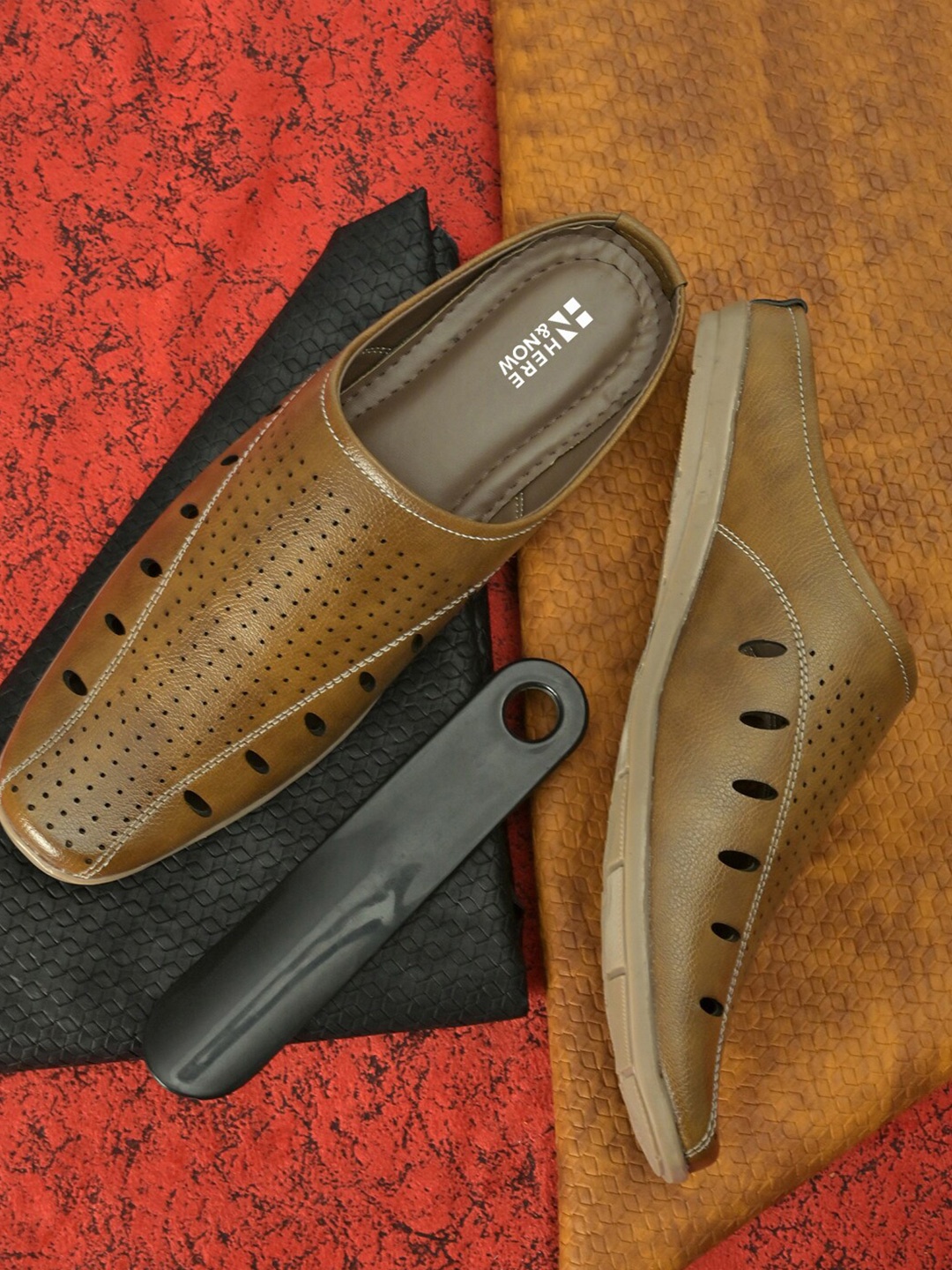 

HERE&NOW Men Tan Brown Perforated Laser Cut Comfort Sandals