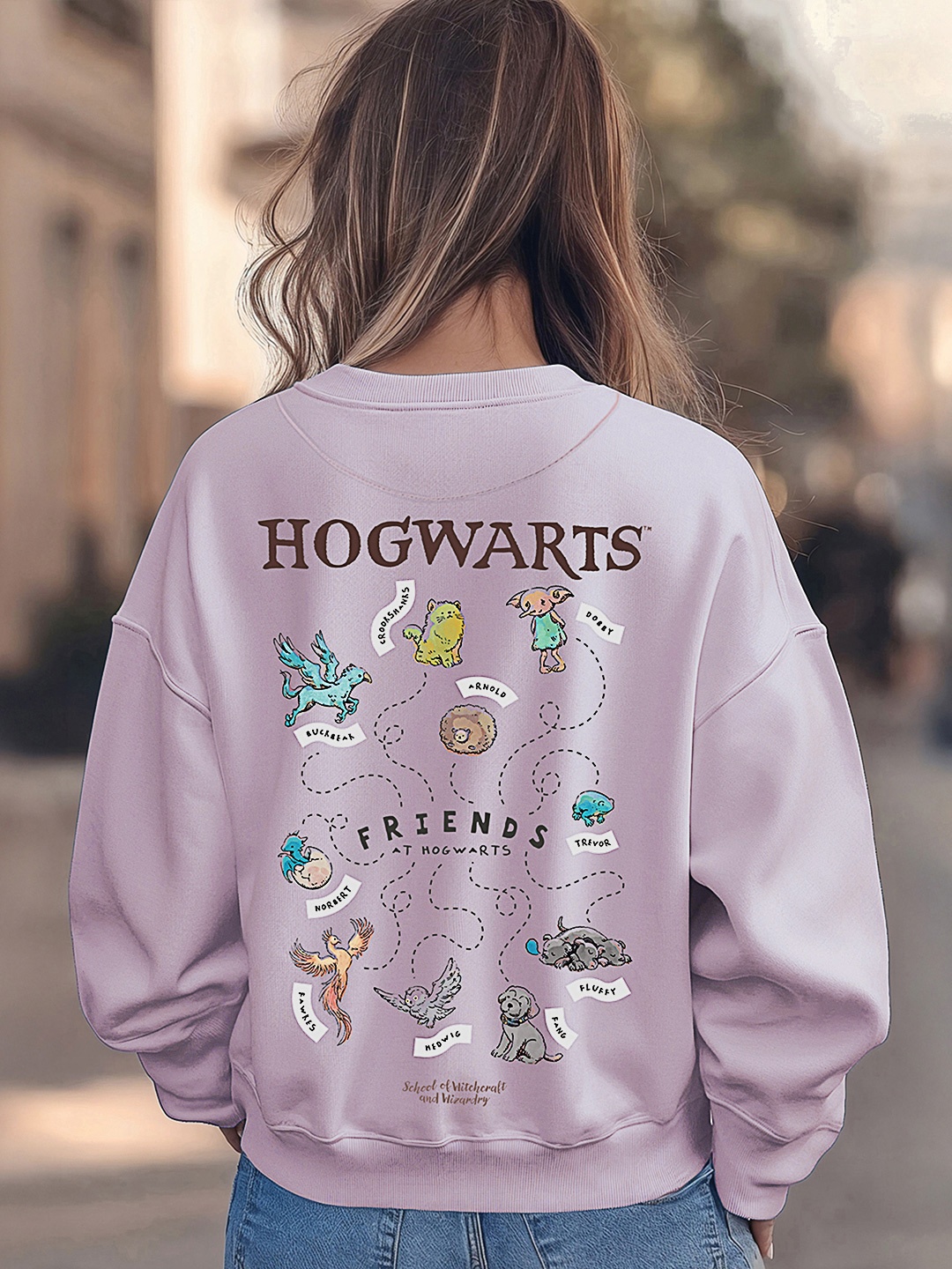 

Bewakoof Official Harry Potter Merchandise Printed Oversized Pullover Sweatshirt, Lavender