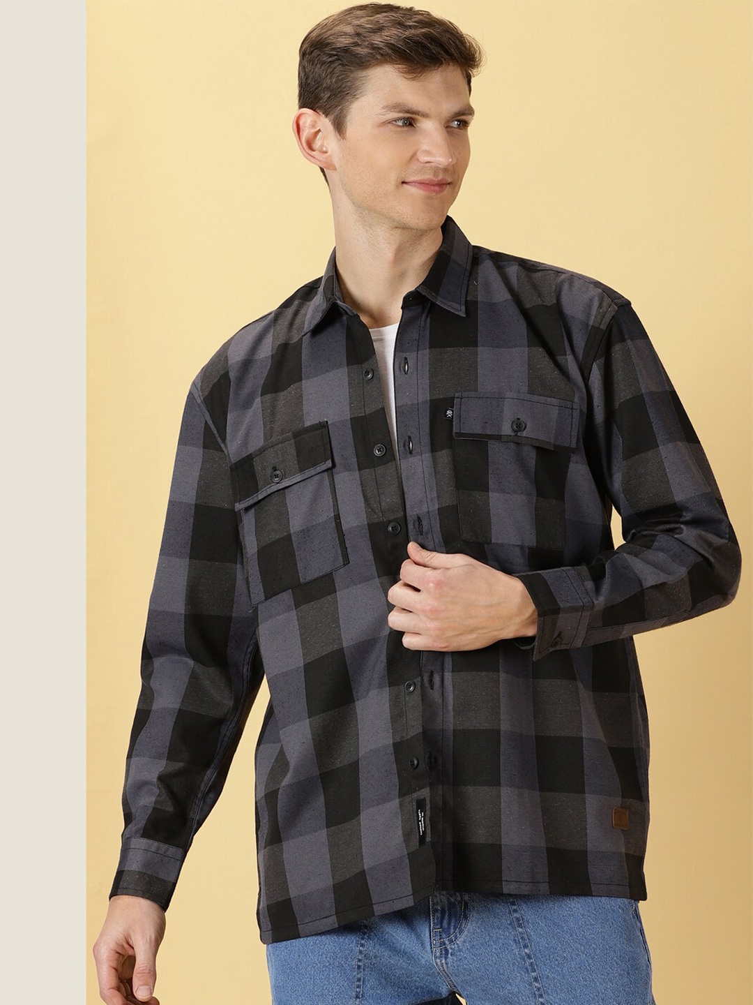 

Thomas Scott Classic Buffalo Checked Twill Cotton Shirt, Grey
